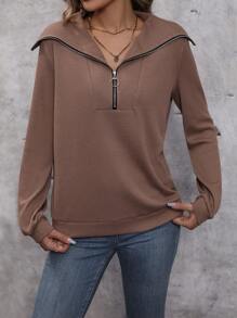 SHEIN LUNE Sailor Collar Half Zip Sweatshirt - Coffee Brown - View 4
