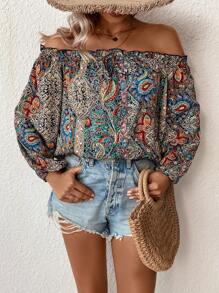 SHEIN VCAY In hoa Paisley Off Shoulder Tay áo lồng đèn Áo sơ mi - Nhiều màu - Xem 1