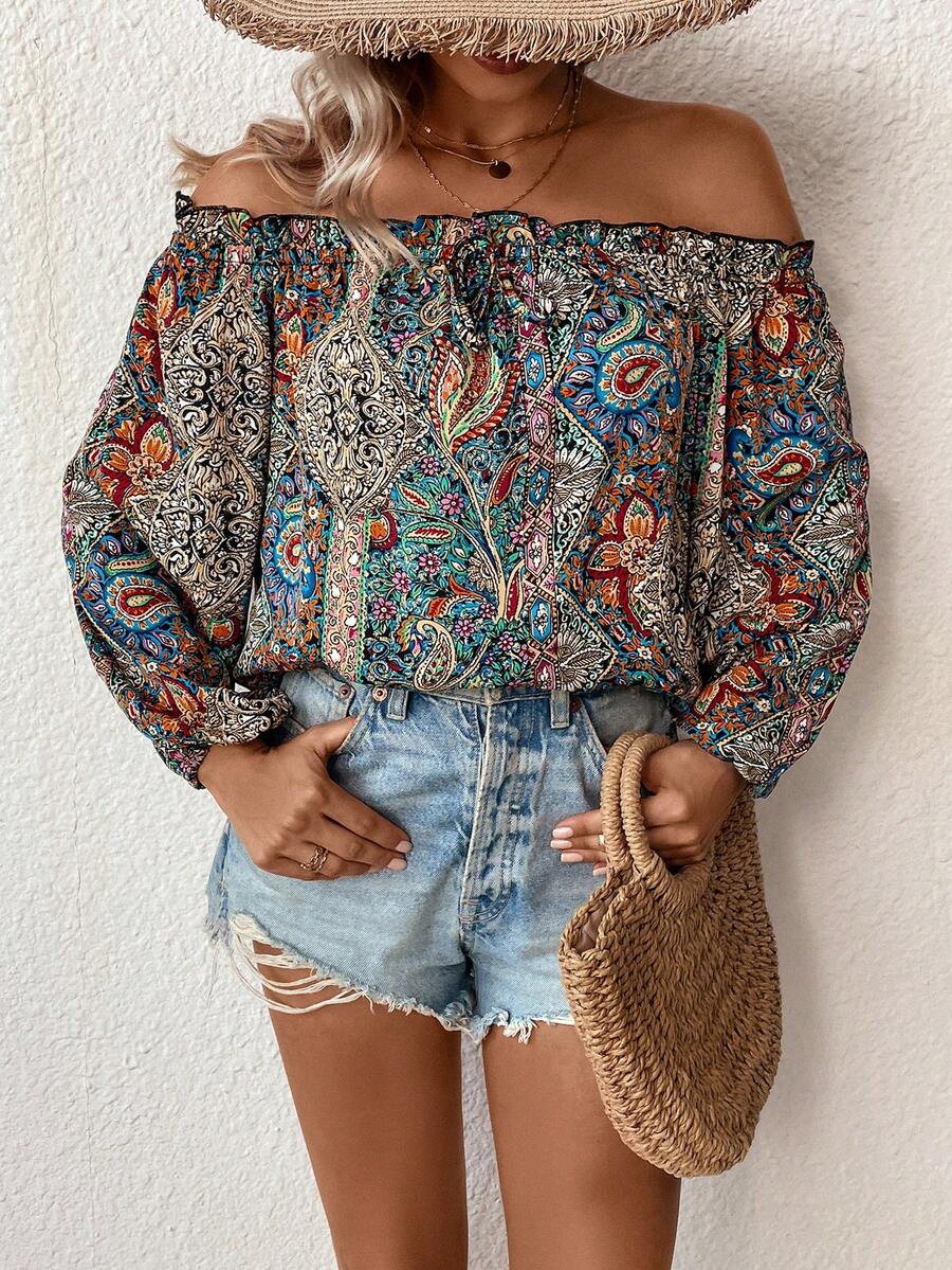 SHEIN VCAY In hoa Paisley Off Shoulder Tay áo lồng đèn Áo sơ mi - Nhiều màu - Xem 1
