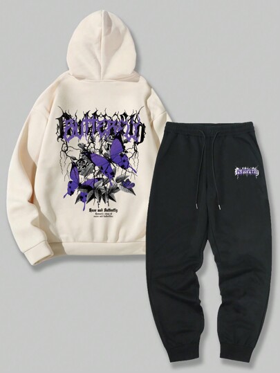 Grunge Punk Men Butterfly And Letter Graphic Hoodie & Drawstring Waist Sweatpants