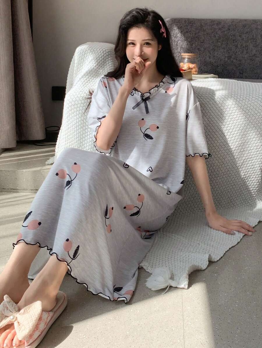 DAZY Floral Print Lettuce Trim Drop Shoulder Lounge Dress Pajama - Grey - View 1