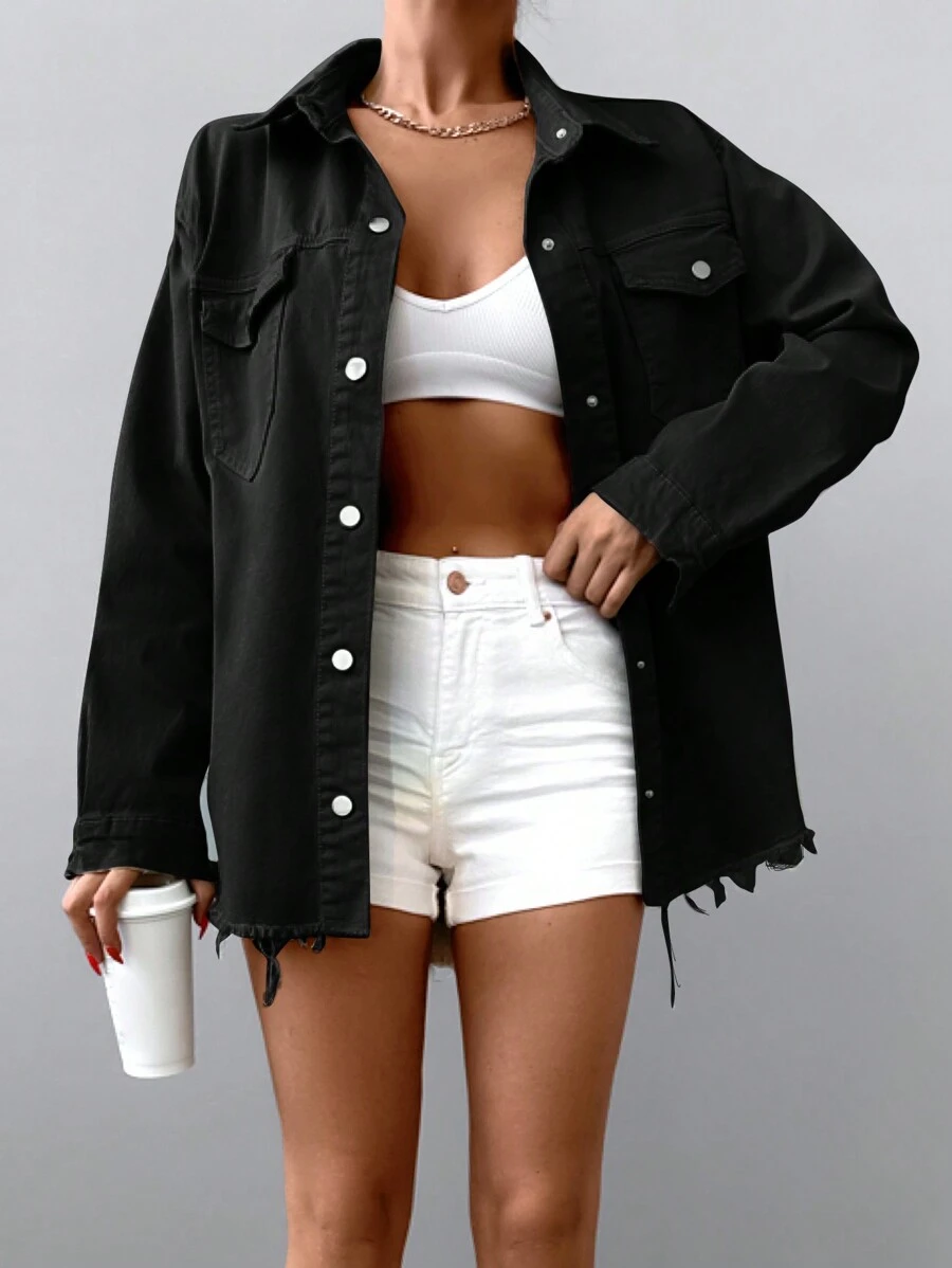 RueChic Flap Pocket Raw Hem Denim Jacket - Black - View 1