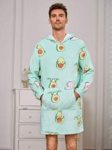 男士卡通圖案連帽法蘭絨休閒服睡袍