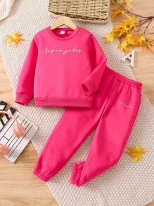 SHEIN 女小童字母圖案衛衣和衛褲 - 玫紅色 - 查看 1
