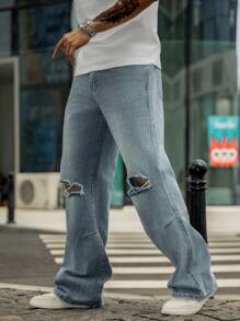 Manfinity Jeans De Pierna Recta Rasgados Y Deshilachados Para Hombres De Ajuste Holgado