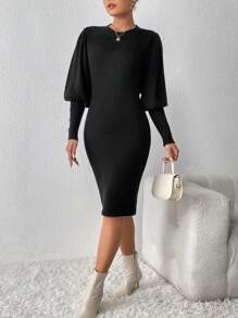 SHEIN Clasi Nút Quay lại Tay áo Tách đùi Đầm Áo len - Màu xanh hải quân - Xem 5