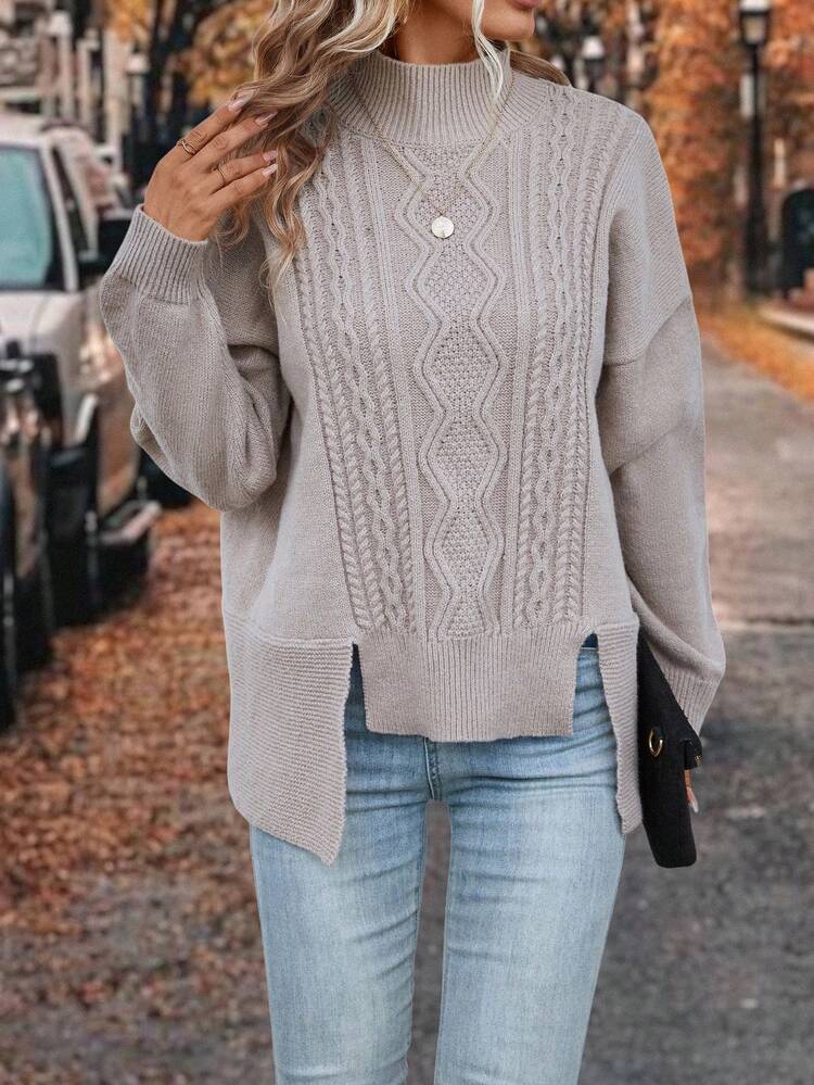 Cable Knit Drop Shoulder Split Hem Knit Pullover Fall Winter Sweater