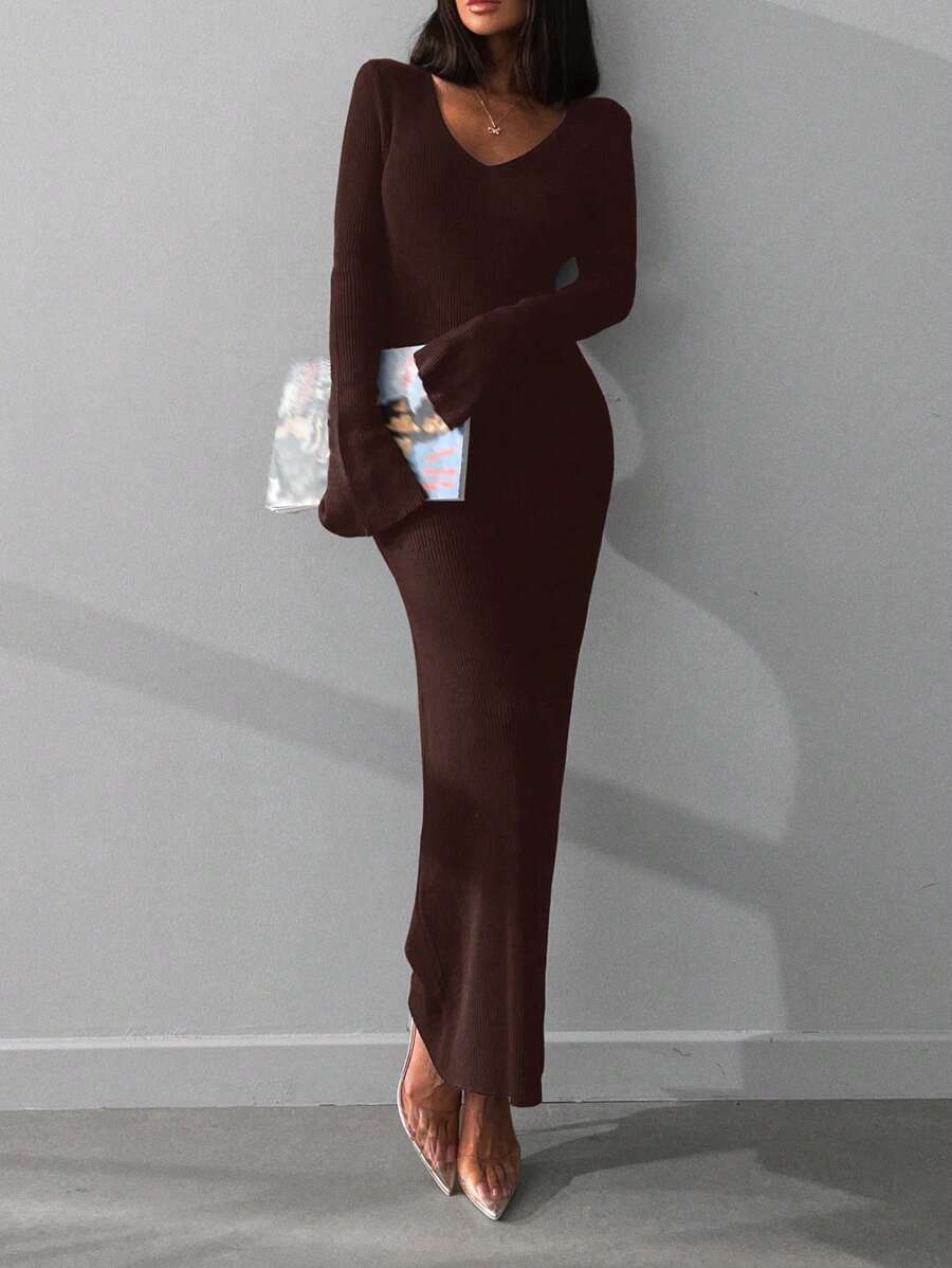 RueChic Solid V Neck Sweater Dress - Brown - View 1