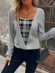 EMERY ROSE Plaid Print 2 In 1 Sweatshirt Graduation,Back To School Outfits,Graduation,Teacher Outfits For Women,Back To School - Grey - View 6