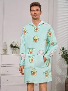 男士卡通圖案連帽法蘭絨休閒服睡袍