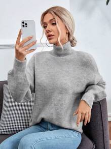 SHEIN LUNE 高領落肩袖套頭毛衣 - 淺灰色 - 查看 1