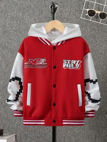 SHEIN Cậu bé Tween Đồ họa chữ & trái tim Sọc trang trí Thả vai Áo khoác Đại học Không có áo Hoodie - Đỏ - Xem 3
