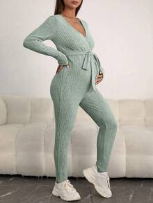 SHEIN Maternity Surplice Neck Belted Jumpsuit - Green - View 6