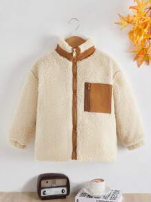 SHEIN Young Girl Contrast Panel Zip Up Teddy Jacket - Beige - View 1