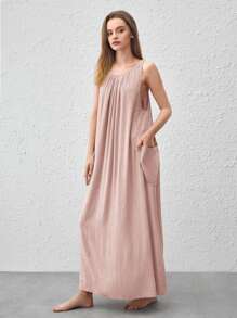 Leisure Natural Linen Comfy & Breathable Side Pocket Lounge Dress-Pink - Coral Pink - View 4