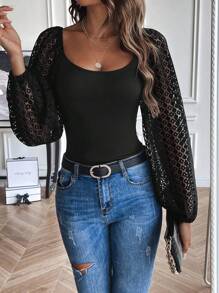 SHEIN Essnce Contrast Lace Lantern Sleeve Scoop Neck Top - Black - View 4