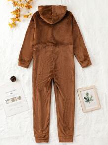 男大童前拉鏈連帽法蘭絨連體睡衣 - 棕色 - 查看 2
