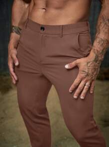 GENTILAND 男士素色斜口袋西裝褲 - 棕色 - 查看 3