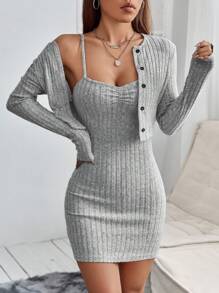 SHEIN PETITE Button Front Cami Bodycon Dress & Open Front Jacket - Grey - View 1