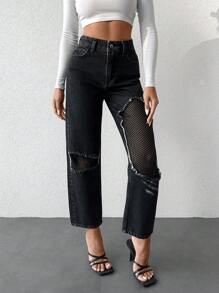 EURMUSE Contrast Fishnet Ripped Straight Leg Jeans - Black - View 1