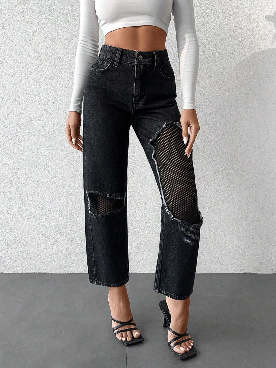 EURMUSE Contrast Fishnet Ripped Straight Leg Jeans - Black - View 1