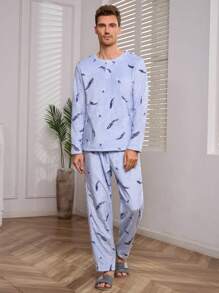 Men Feather Print PJ Set - Multicolor - View 1
