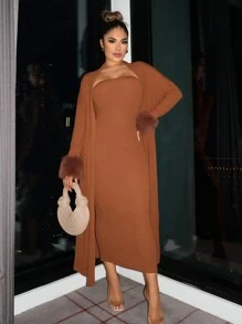 SHEIN SXY 毛茸茸袖口抹胸緊身連衣裙&開門襟外套 - 駝色 - 查看 1