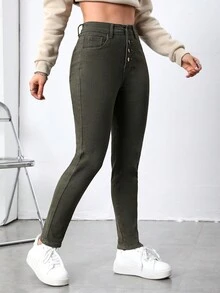 SHEIN Essnce Button Fly Skinny Jeans - Army Green - View 3