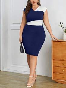 SHEIN Privé Hơn Hai âm Váy bodycon - Màu xanh hải quân - Xem 3