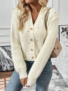 SHEIN LUNE 前紐扣落肩袖開襟衫 - 白色 - 查看 6