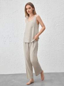 Leisure Natural Linen Comfy & Breathable Khaki Front Pocket Tank Top
