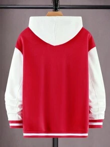 Manfinity Hypemode Herren Baseball Jacke Mit Hot Dog Und Pommes Frites Druck Und Kontrast Farbe - Lockere Passform - Rot-Weiß - Übersicht 2