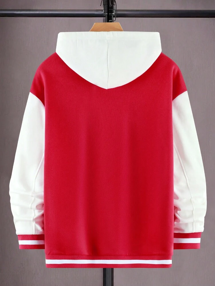 Men's Contrast Color Loose Fit Baseball Jacket With Hot Dog And French Fries Print