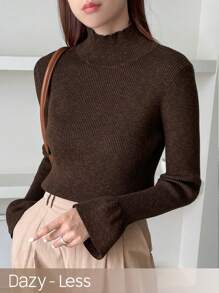 DAZY 小高領荷葉邊袖毛衣 - 棕色 - 查看 1