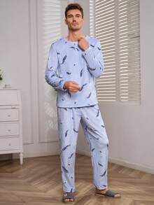 Men Feather Print PJ Set - Multicolor - View 5