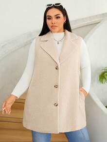 SHEIN EZwear 加翻領泰迪馬甲外套 - 米色 - 查看 3