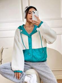 SHEIN Unity Cazadora teddy de dos tonos de hombros caídos con cordón con capucha - Albaricoque - Ver 4