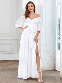Off Shoulder Knot Side Split Thigh Chiffon Wedding Dress - White - View 1