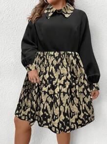 SHEIN LUNE 大碼圖案印花燈籠袖洋裝 - 黑色 - 查看 5