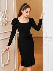 SHEIN 青少年女孩方領羊腿袖繫腰帶洋裝