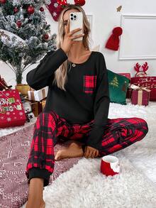 SHEIN LUNE Plaid Print Pocket Patched Tee & Sweatpants - Multicolor - View 6