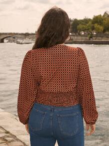 SHEIN Frenchy Plus Allover Print Lantern Sleeve Blouse - Brown - View 2