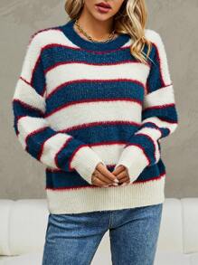 SHEIN Unity Áo len chui đầu dáng rộng vai rớt họa tiết sọc, thích hợp cho mùa thu đông. - Nhiều màu - Xem 3