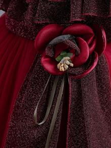 Young Girl Glitter Ruffle Trim Mesh Overlay Gown Dress for Christmas - Burgundy - View 4