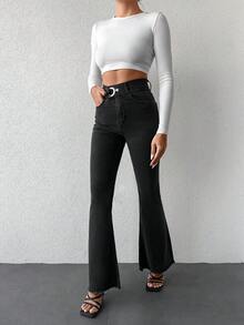 SHEIN Cottnline 高腰牛仔喇叭褲不附腰帶 - 灰色 - 查看 4