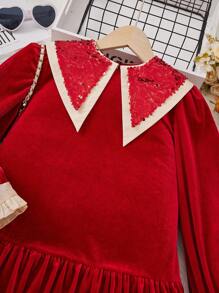 SHEIN Tween Girl Contrast Sequin Statement Collar Flounce Sleeve Ruffle Hem Velvet Dress - Burgundy - View 3