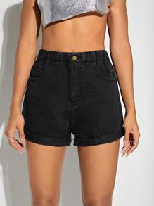 Flexra High Waist Roll Hem Denim Shorts - Black - View 4