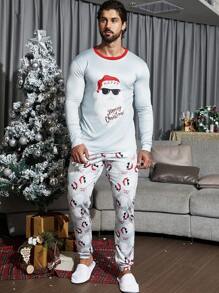 男士聖誕圖案拼接邊T恤和褲子睡衣套裝適用於聖誕 - 白色 - 查看 7