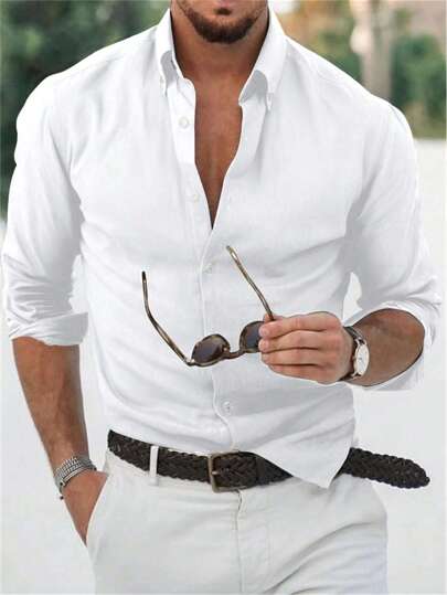 Manfinity Mode Men's Solid Color Button-Down Long Sleeve Shirt, Fall