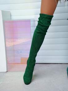 Đúng mốt Của phụ nữ Dày Gót chân Co giãn Vượt lên đầu gối Giày ống - màu xanh lá - Xem 5
